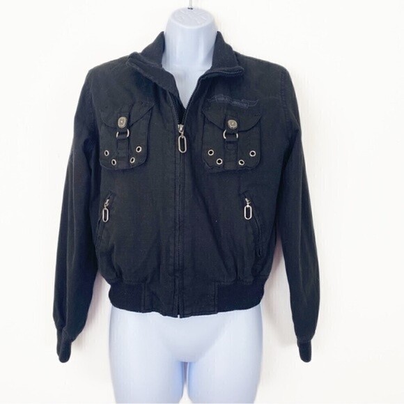 HD HARLEY DAVIDSON Black Motorcycle Biker Jacket Military Bomber Size XS - Picture 2 of 7